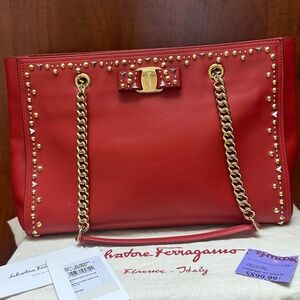 Salvatore Ferragamo Red Tote with Gold Chain
